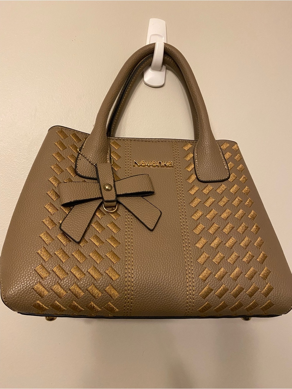 Taupe Woven-Accent Satchel with Bow Charm